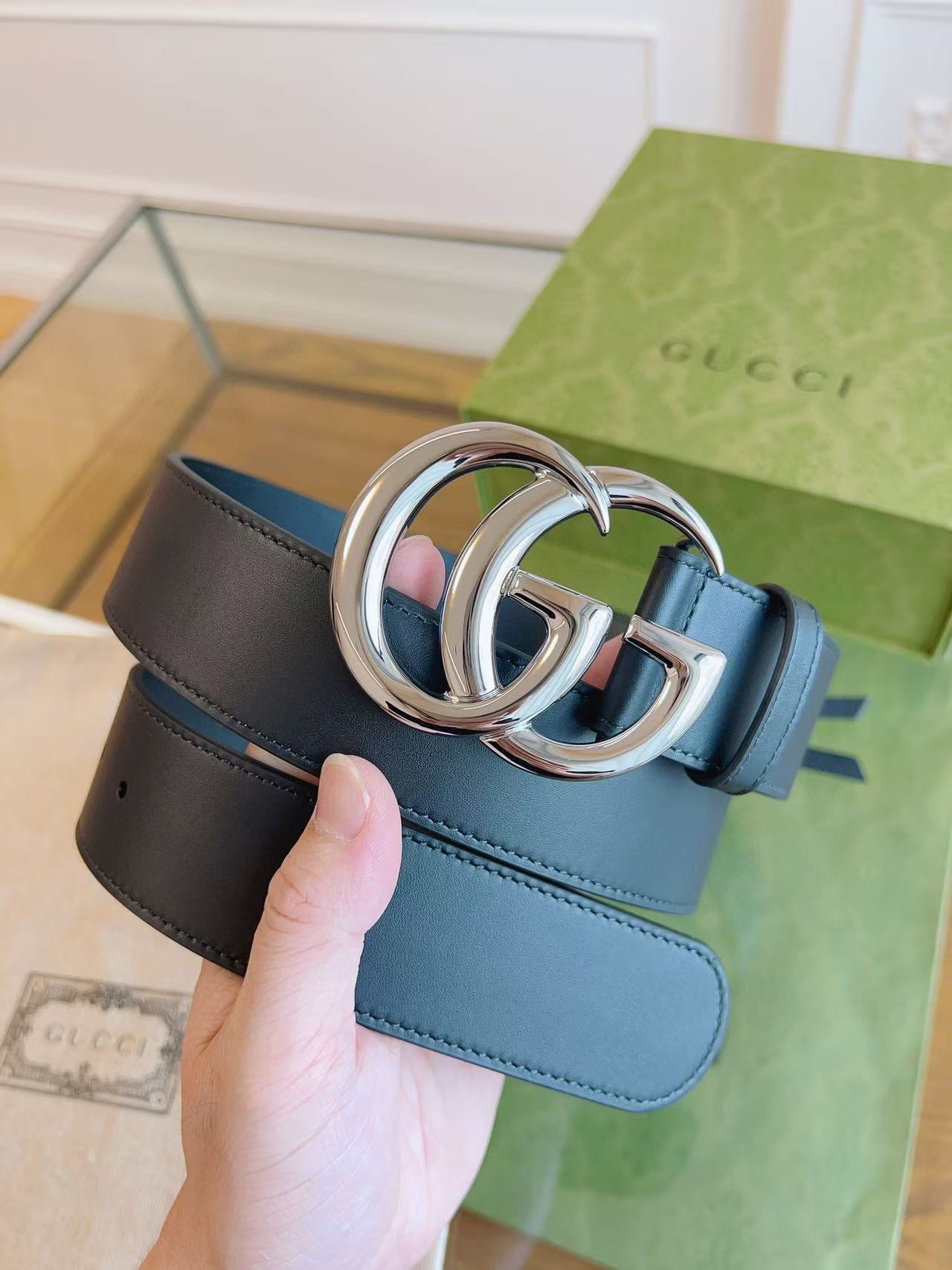 Gucci GG Marmont Wide Belt Black Silver