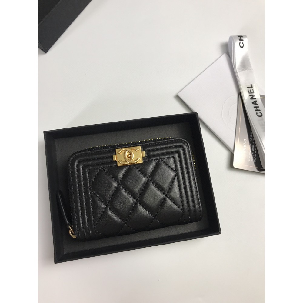 Chanel Card Holder Grained Gold Black Shiny Calfskin