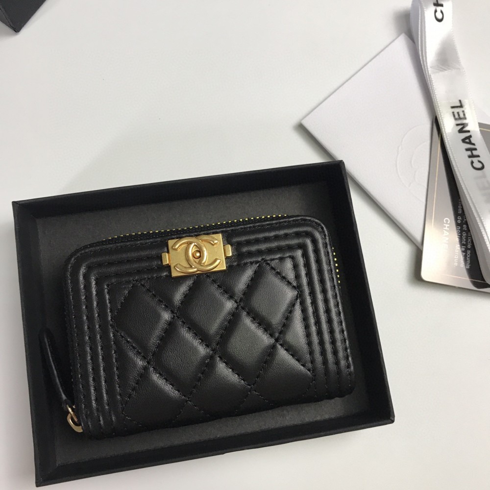 Chanel Card Holder Grained Gold Black Shiny Calfskin
