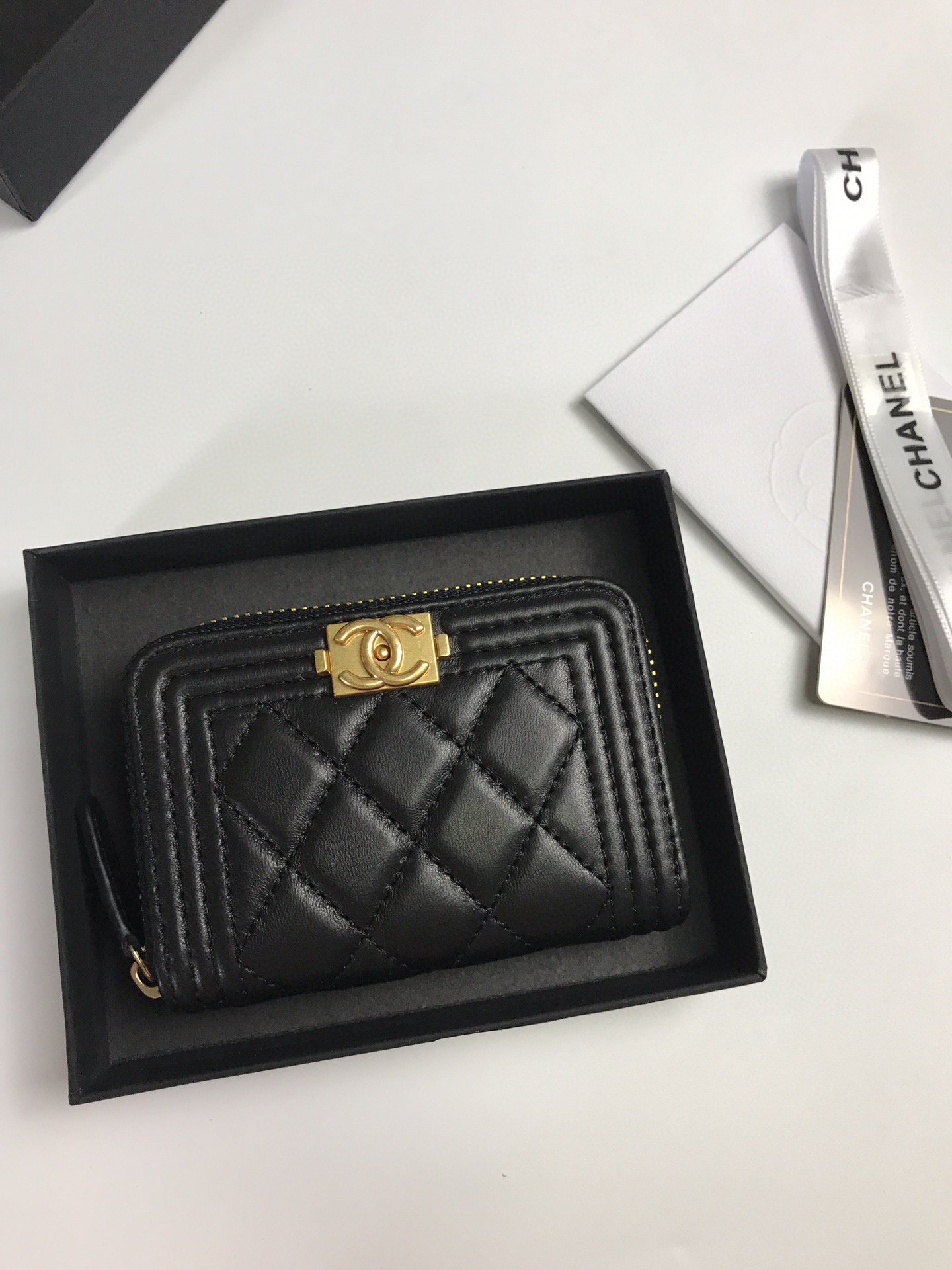 Chanel Card Holder Grained Gold Black Shiny Calfskin Chanel Card Holder Grained Gold Black Shiny Calfskin