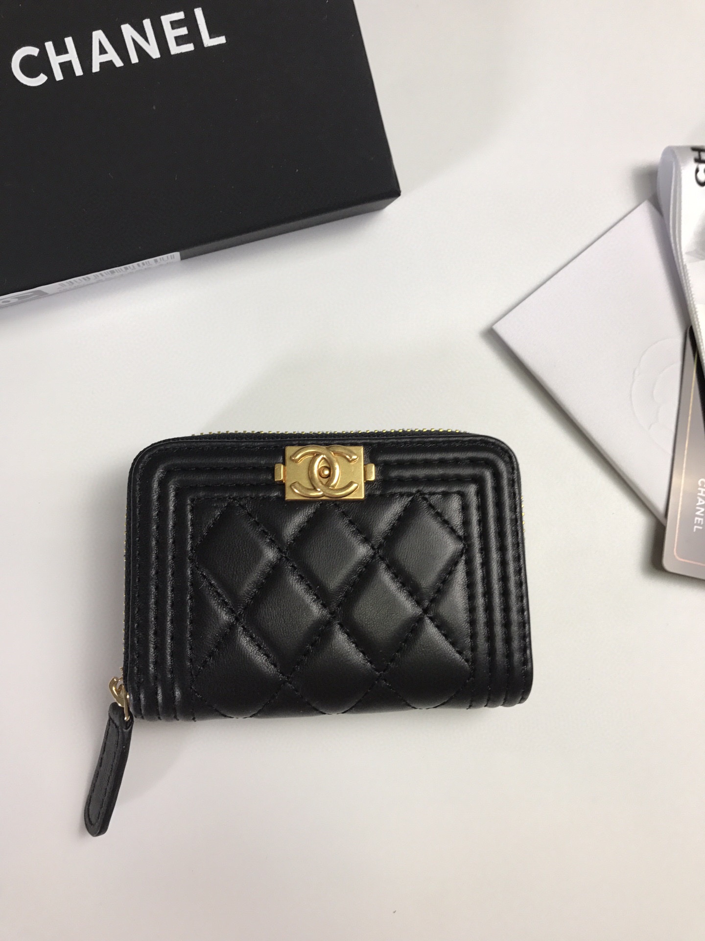 Chanel Card Holder Grained Gold Black Shiny Calfskin Chanel Card Holder Grained Gold Black Shiny Calfskin