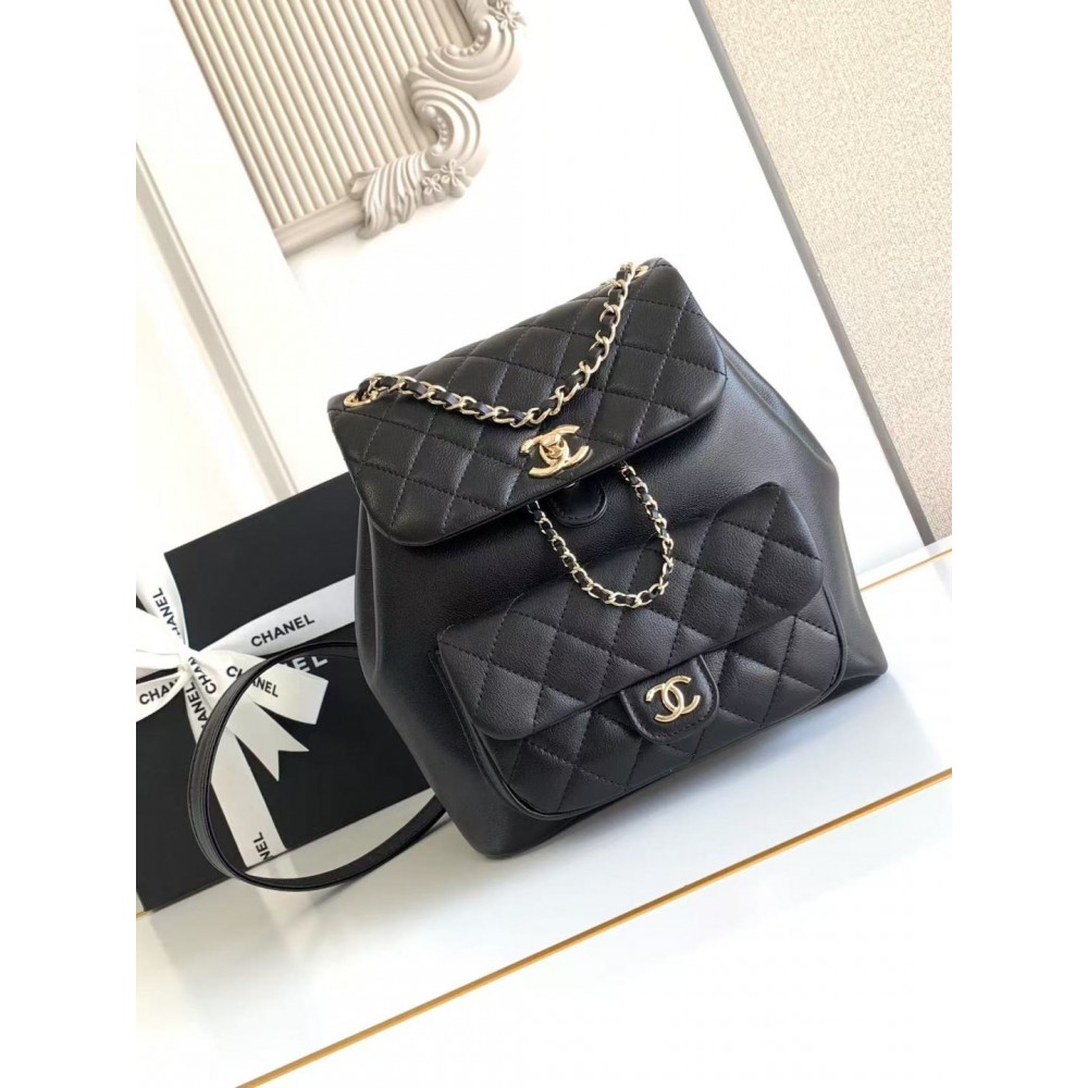 CHANEL Duma Pockets Quilted Caviar Leather Drawstring Backpack Black