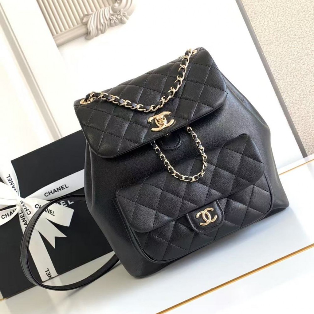 CHANEL Duma Pockets Quilted Caviar Leather Drawstring Backpack Black