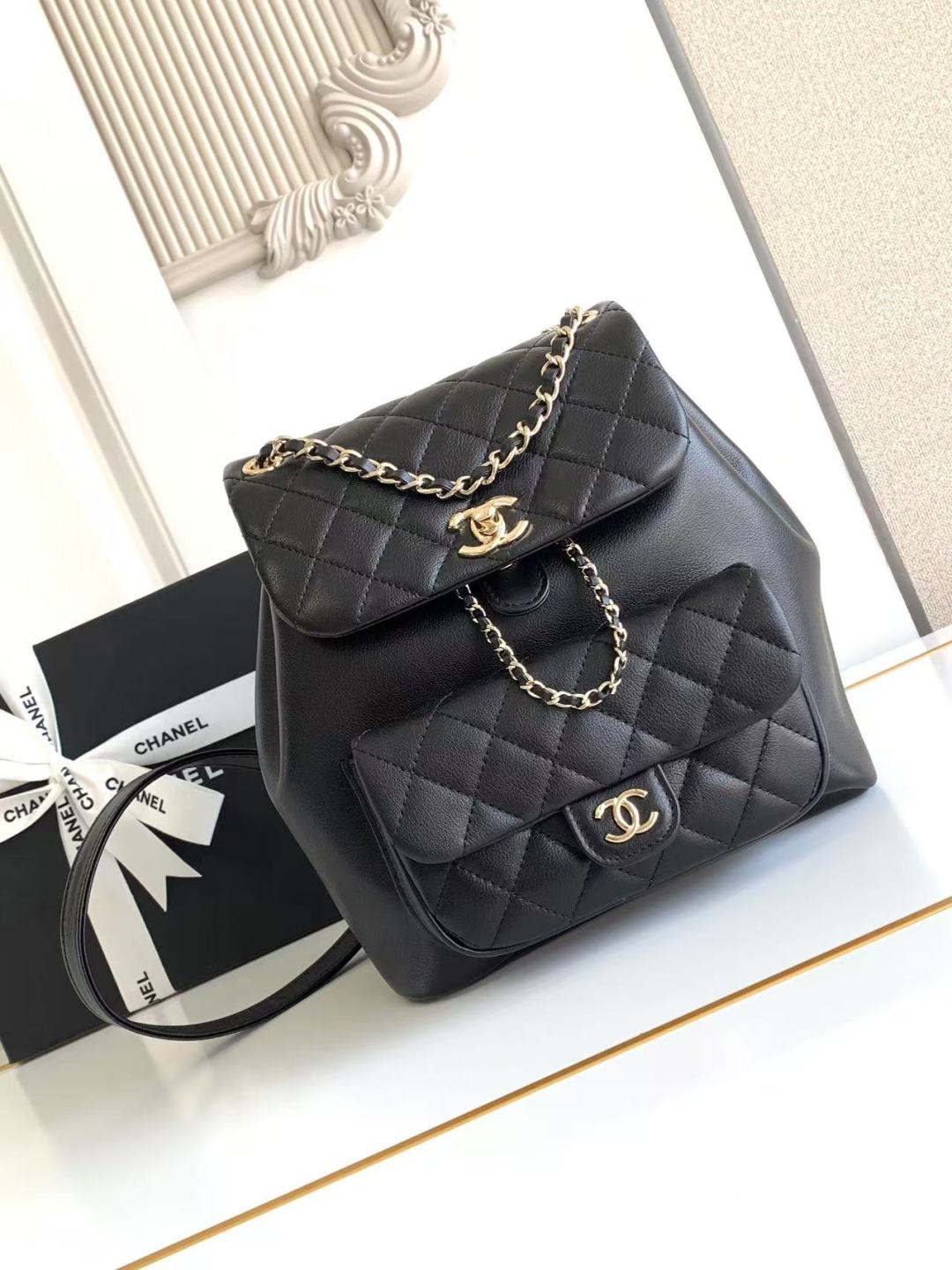 CHANEL Duma Pockets Quilted Caviar Leather Drawstring Backpack Black CHANEL Duma Pockets Quilted Caviar Leather Drawstring Backpack Black
