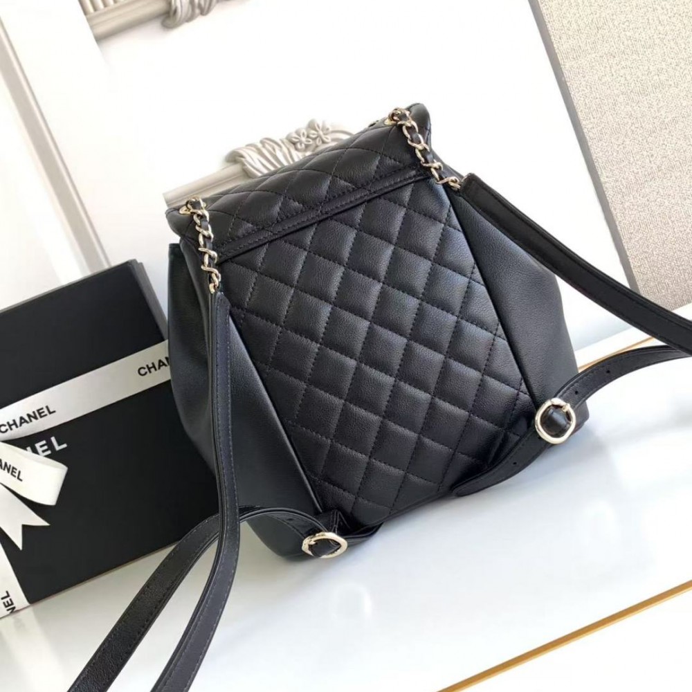CHANEL Duma Pockets Quilted Caviar Leather Drawstring Backpack Black