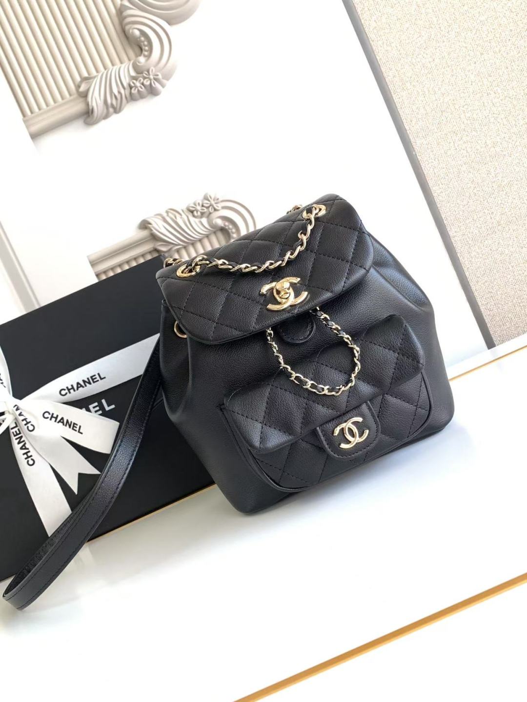 CHANEL Duma Pockets Quilted Caviar Leather Drawstring Backpack Black CHANEL Duma Pockets Quilted Caviar Leather Drawstring Backpack Black