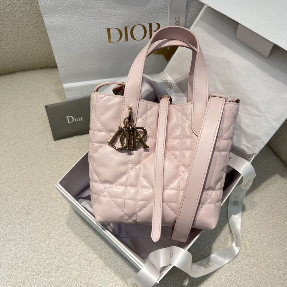 DIOR - Small DiorToujours Vertical Tote Bag Pale Pink Macrocannage Calfskin