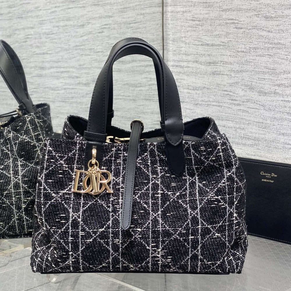  Dior Toujours Bag Black Tweed with White Cannage Motif