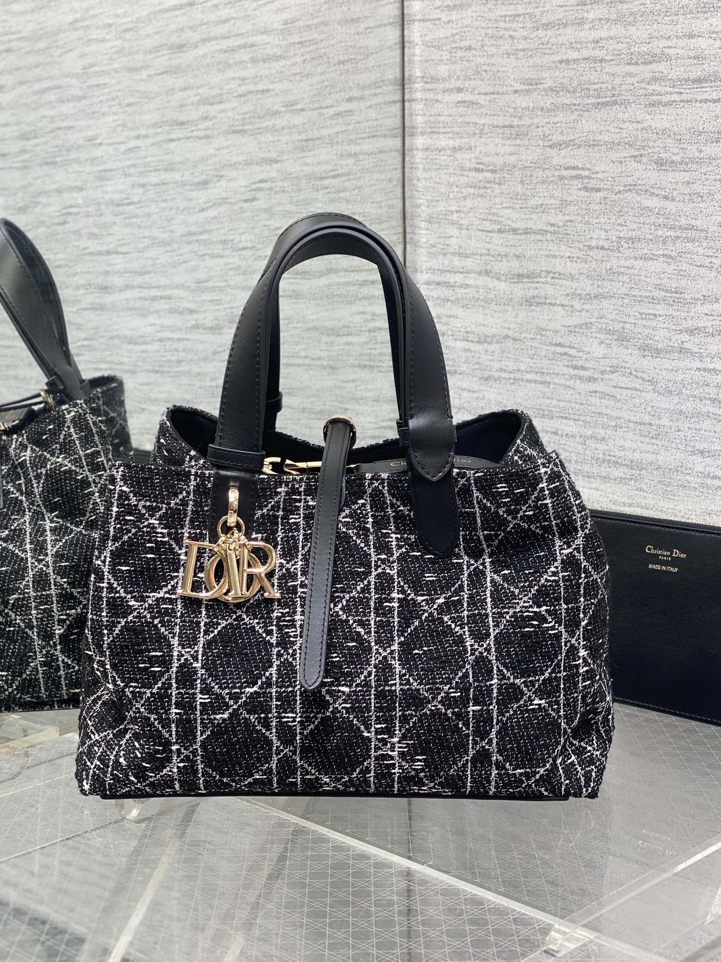 Dior Toujours Bag Black Tweed with White Cannage Motif Dior Toujours Bag Black Tweed with White Cannage Motif