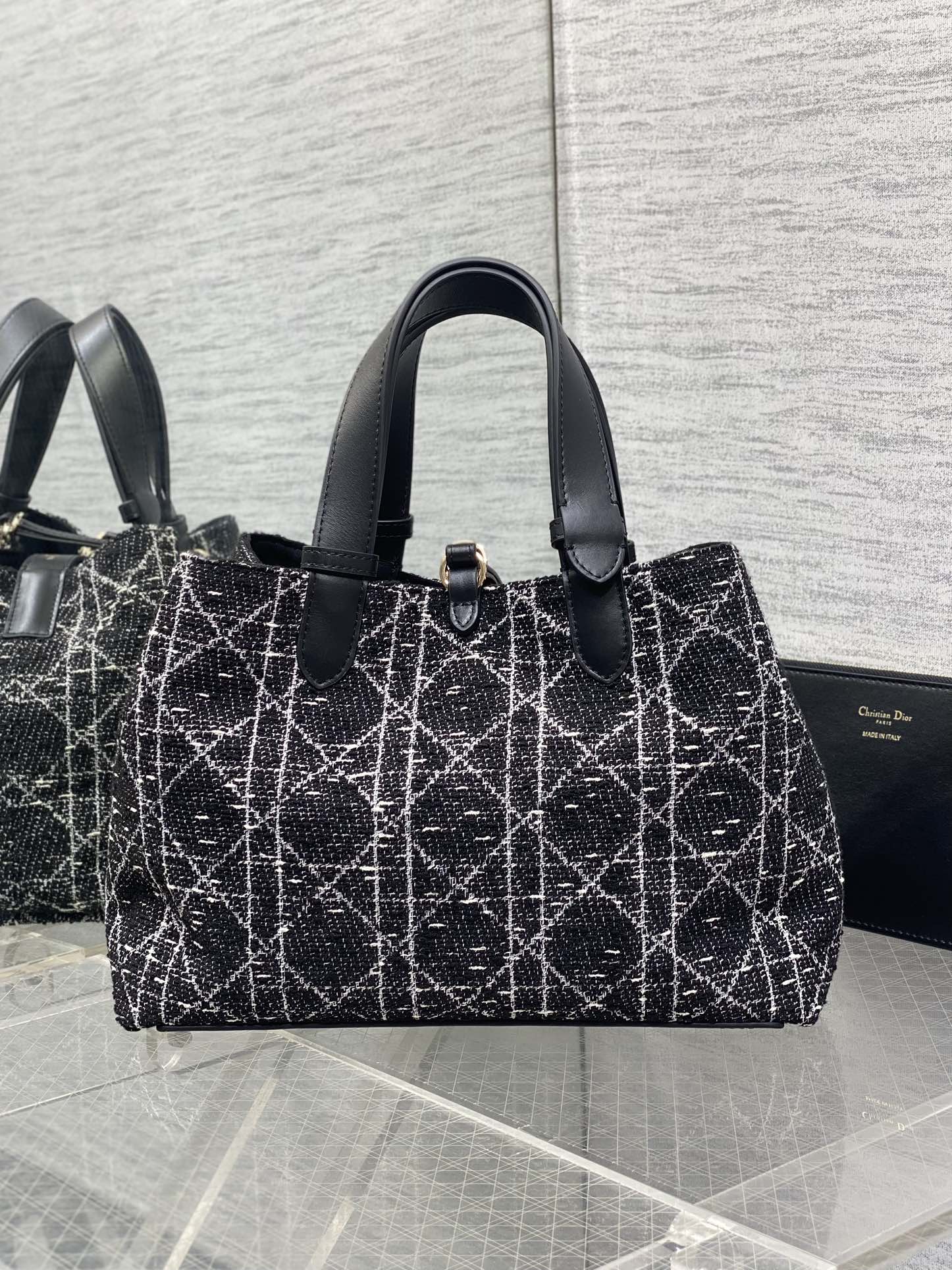 Dior Toujours Bag Black Tweed with White Cannage Motif Dior Toujours Bag Black Tweed with White Cannage Motif