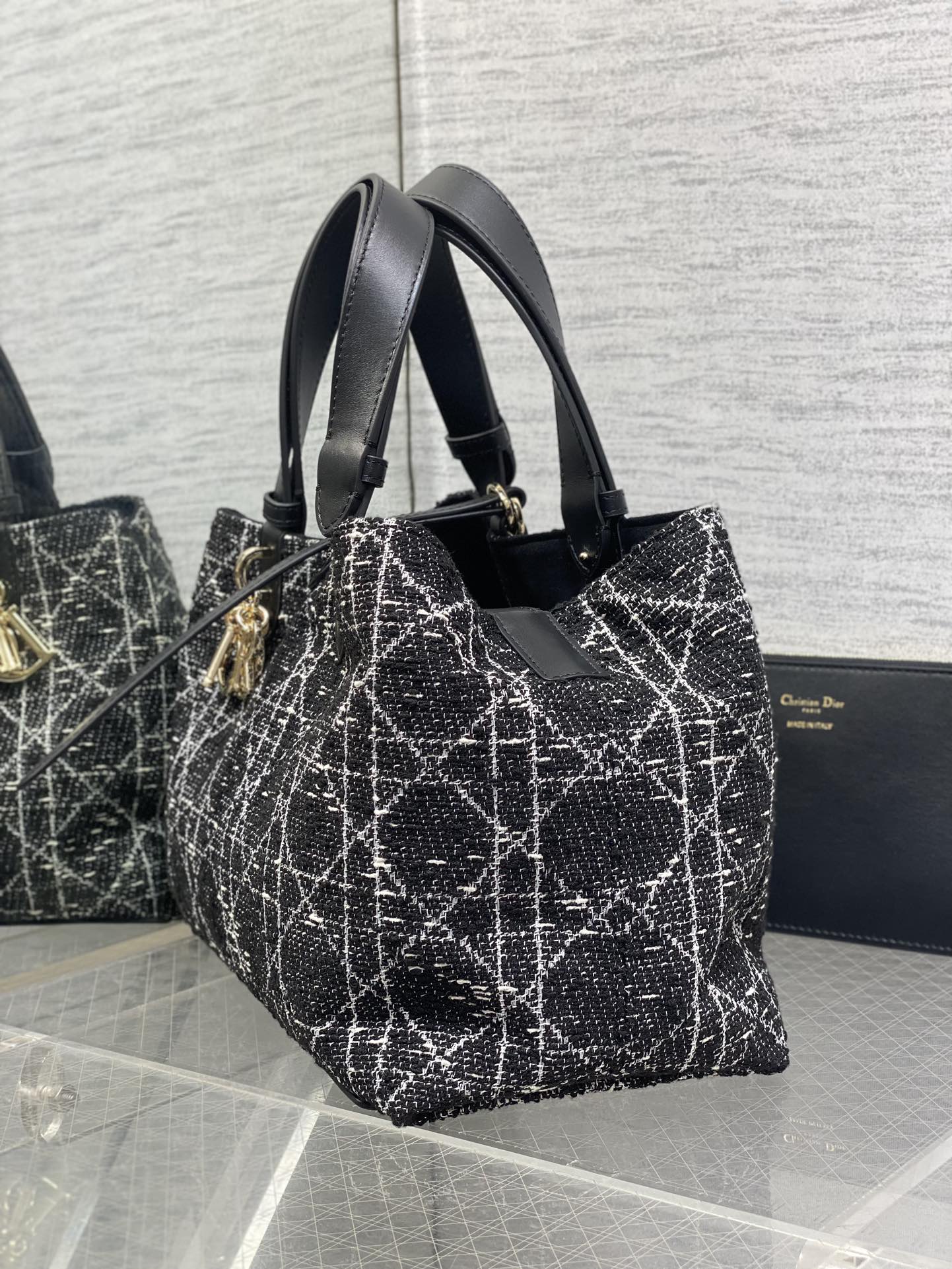 Dior Toujours Bag Black Tweed with White Cannage Motif Dior Toujours Bag Black Tweed with White Cannage Motif