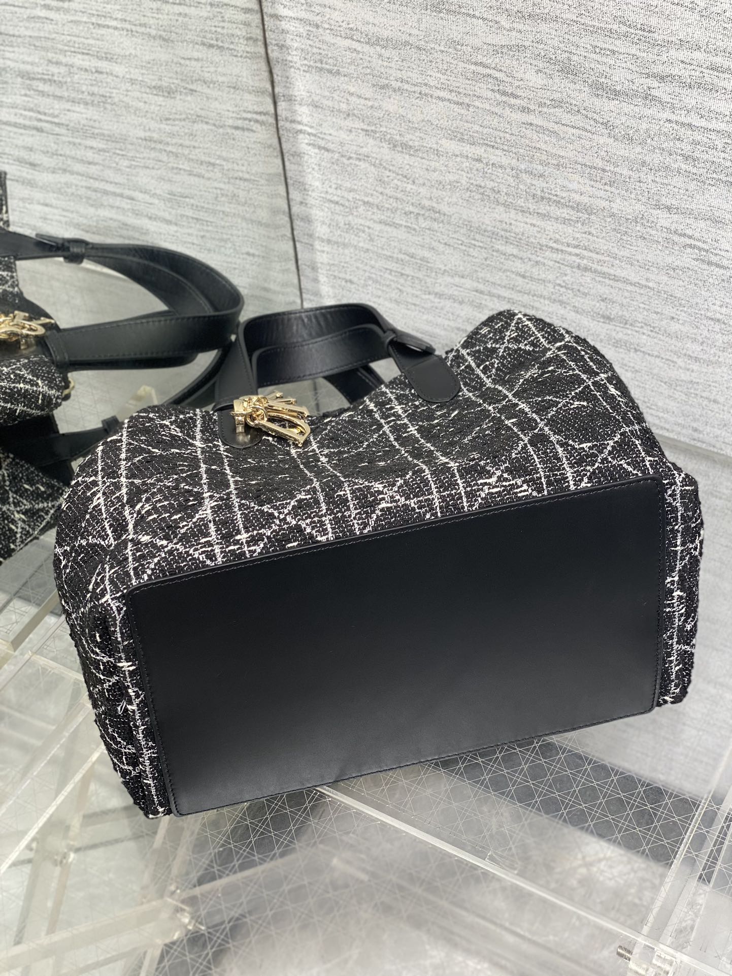 Dior Toujours Bag Black Tweed with White Cannage Motif Dior Toujours Bag Black Tweed with White Cannage Motif