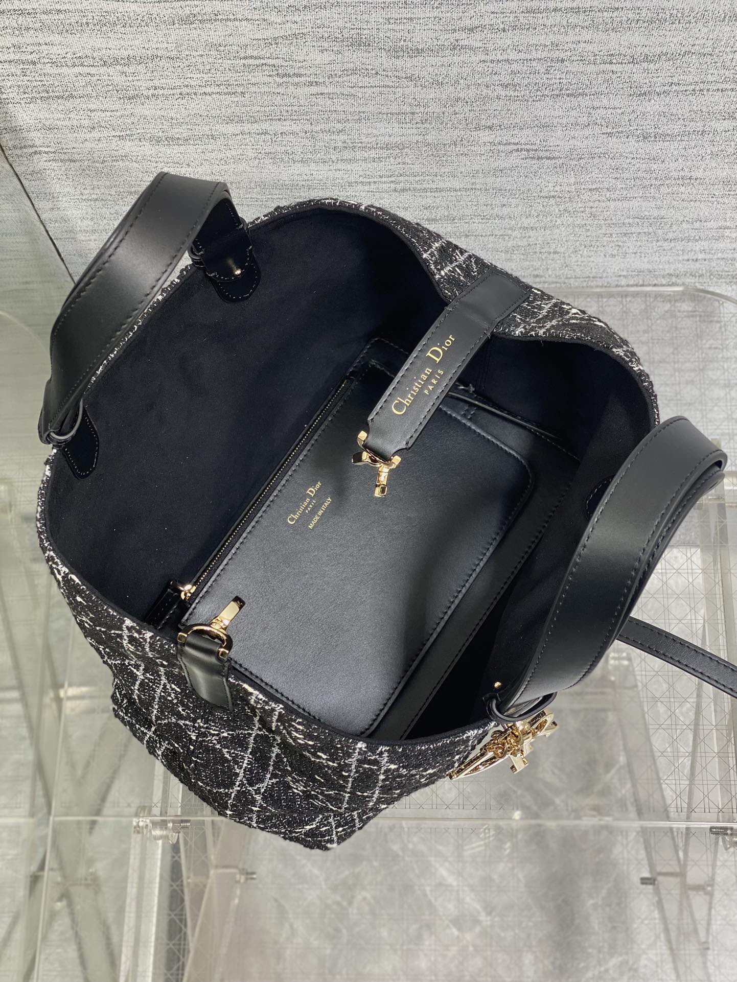 Dior Toujours Bag Black Tweed with White Cannage Motif Dior Toujours Bag Black Tweed with White Cannage Motif