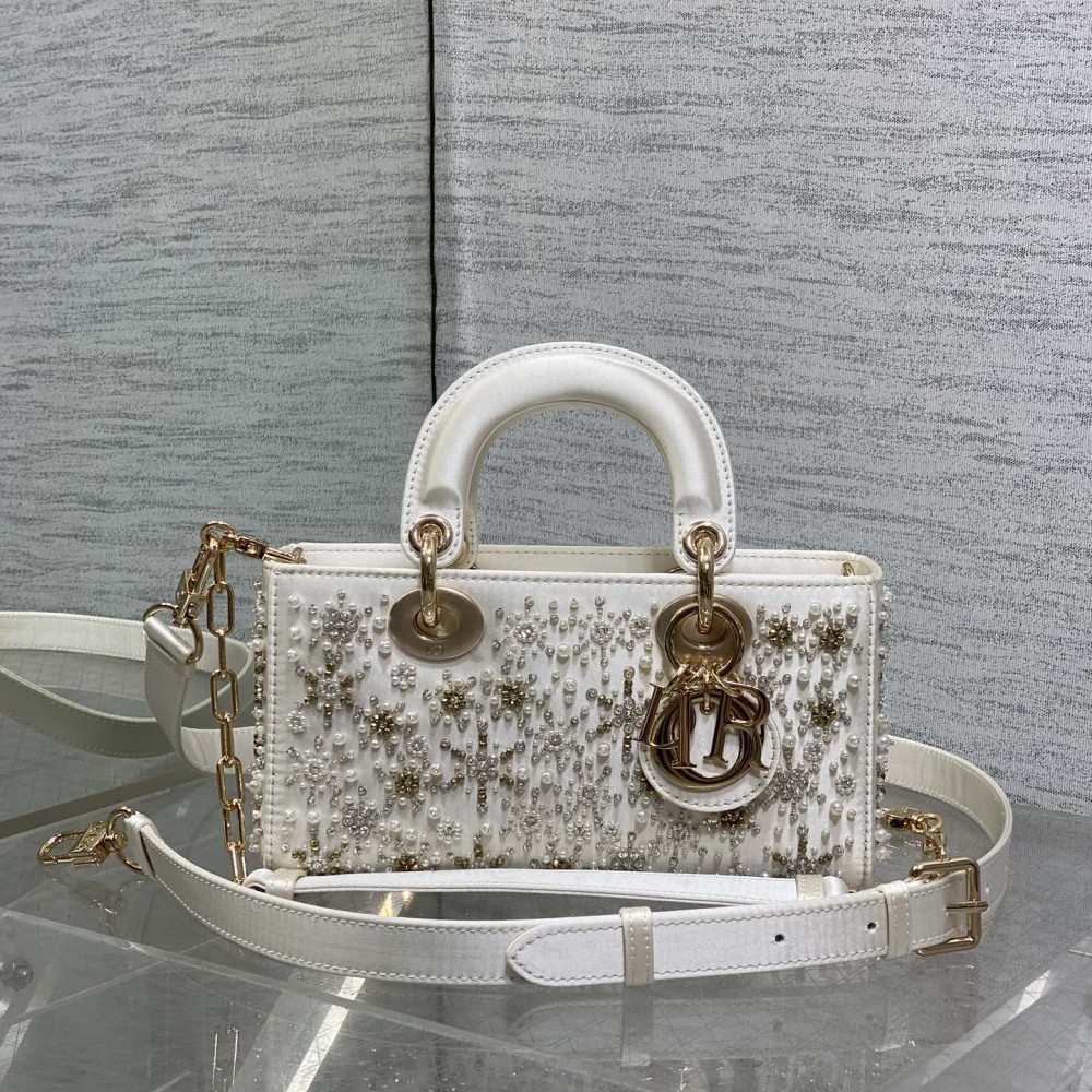 DIOR Small D-Joy Bag Latte Cannage Calfskin Embroidered With Multicolor Beads Women