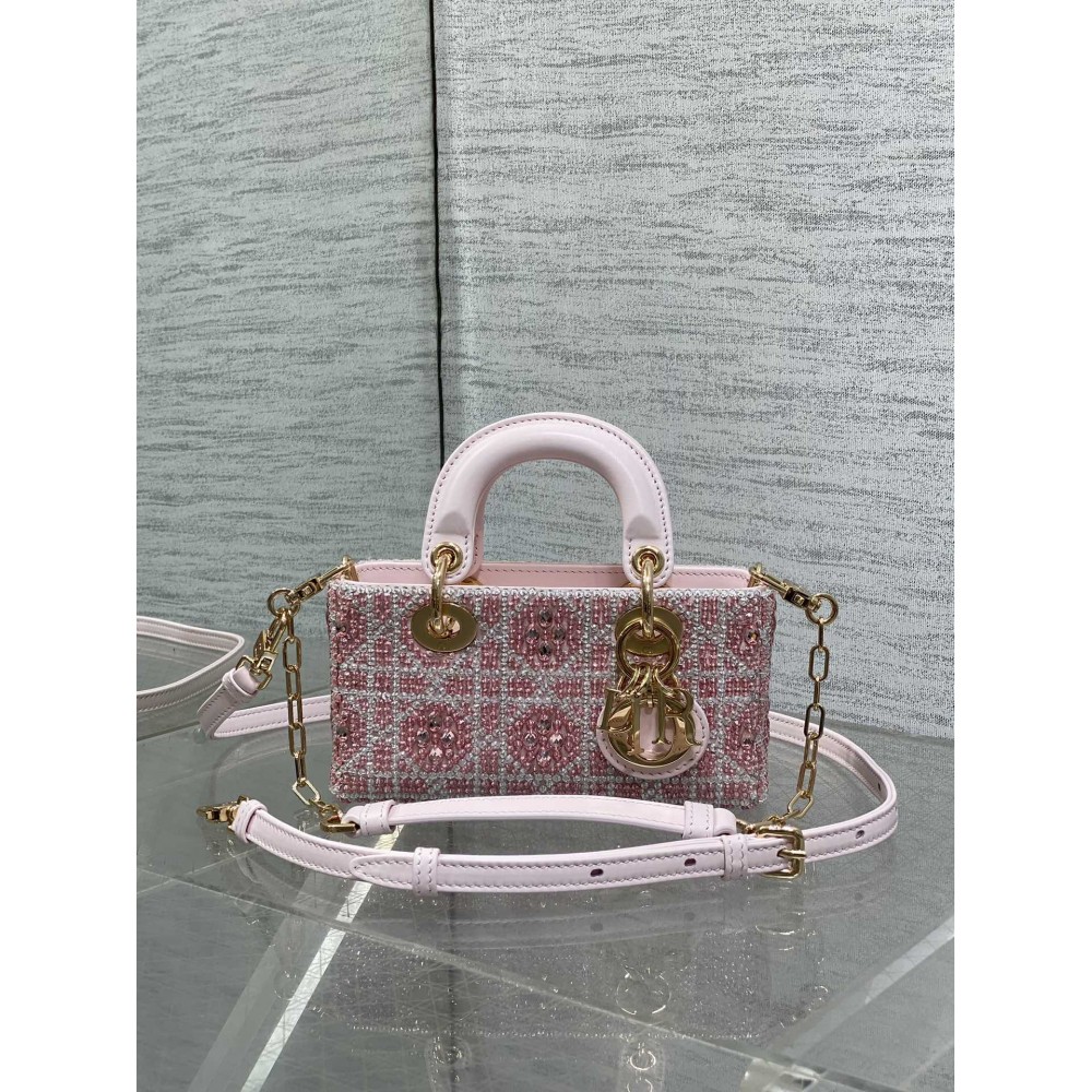 DIOR Small D-Joy Bag Latte Cannage Calfskin Embroidered With Multicolor Beads Pink