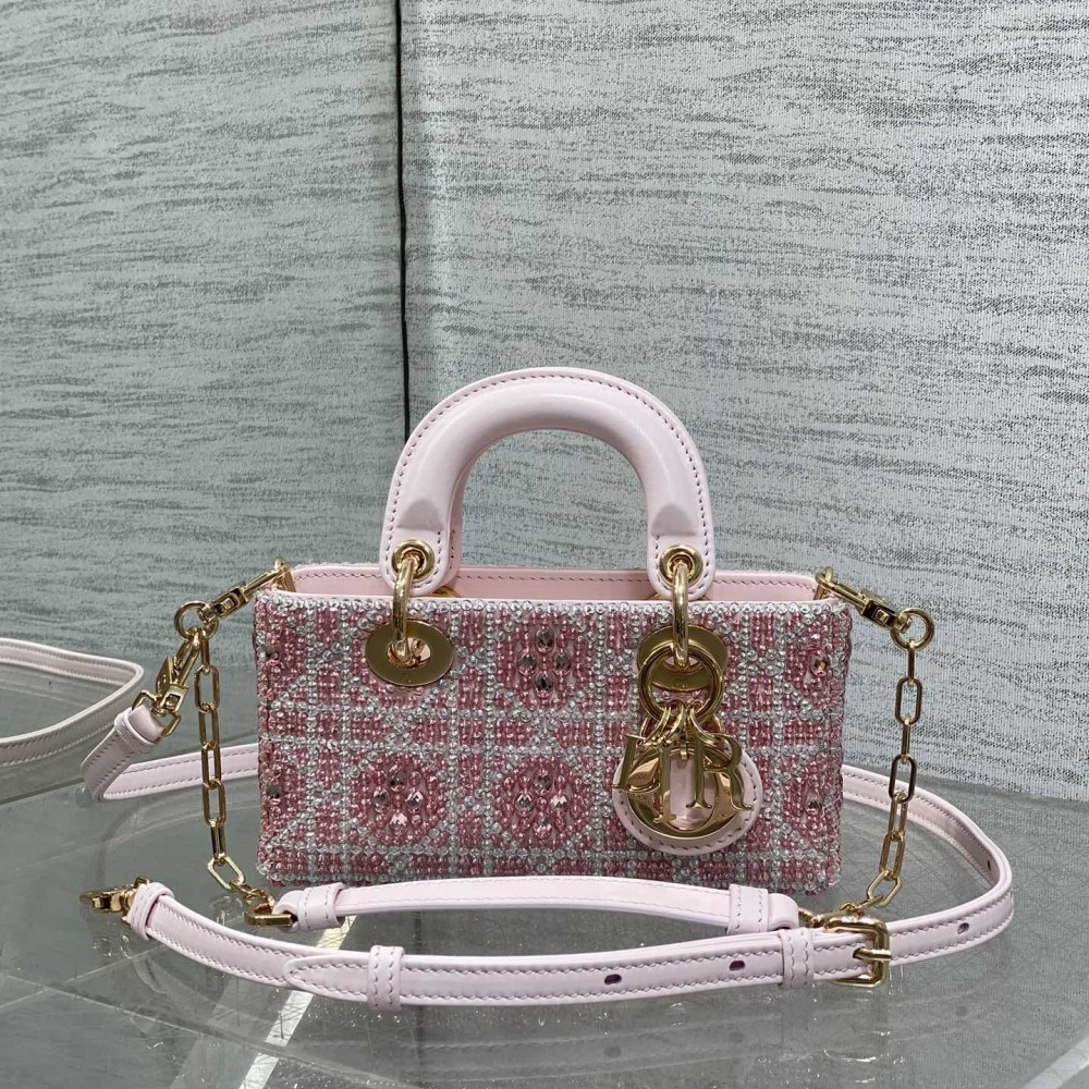 DIOR Small D-Joy Bag Latte Cannage Calfskin Embroidered With Multicolor Beads Pink