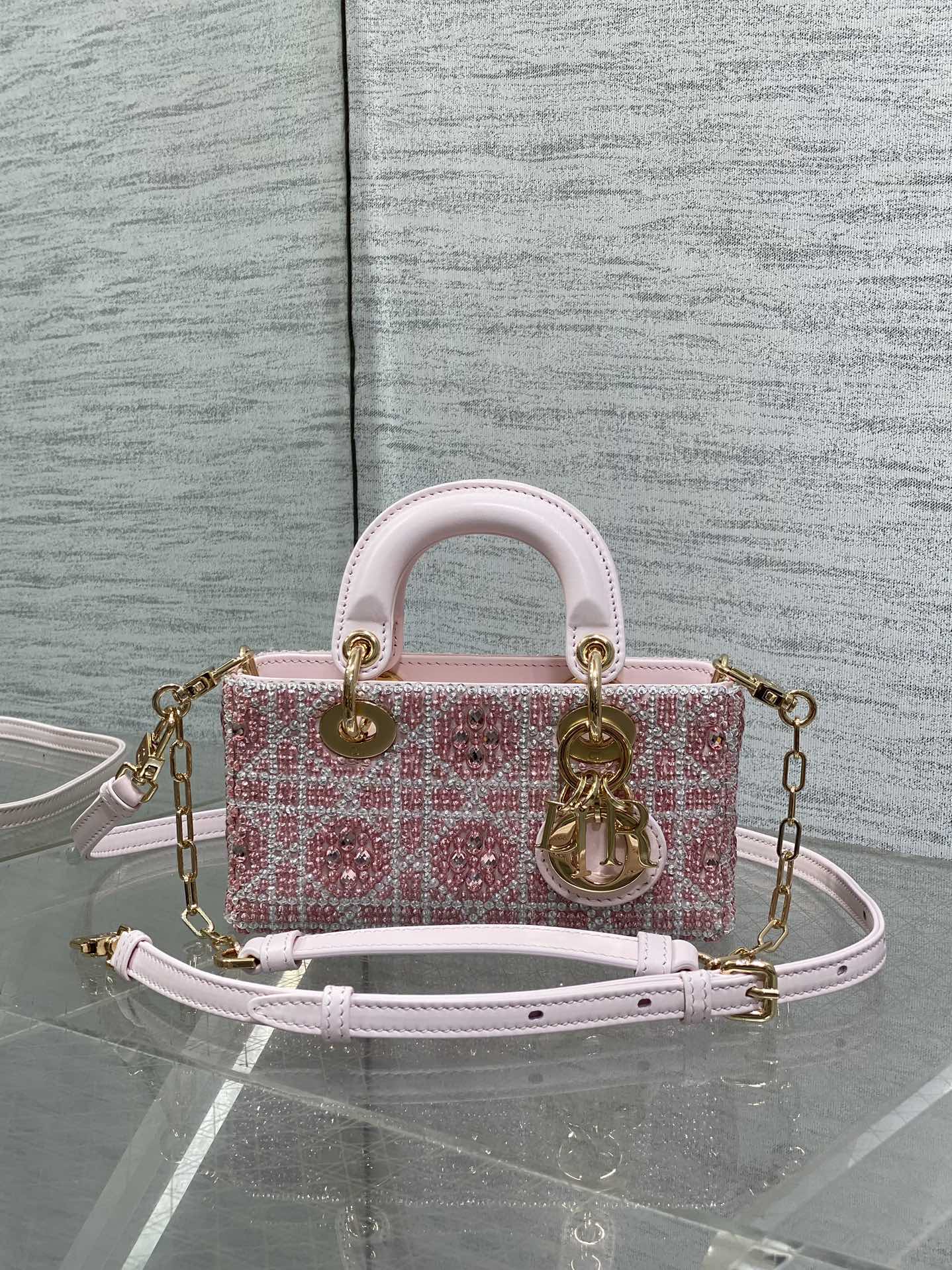 DIOR Small D-Joy Bag Latte Cannage Calfskin Embroidered With Multicolor Beads Pink DIOR Small D-Joy Bag Latte Cannage Calfskin Embroidered With Multicolor Beads Pink