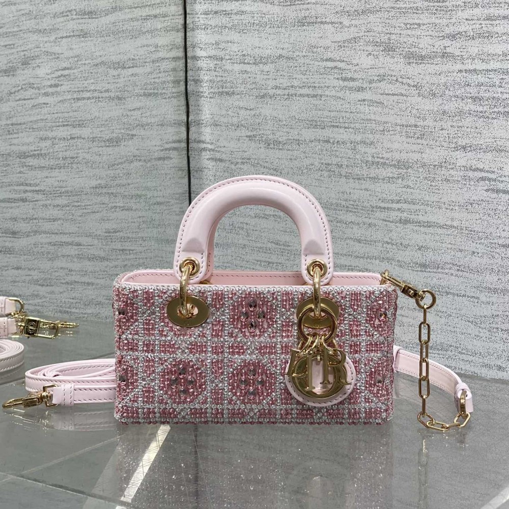 DIOR Small D-Joy Bag Latte Cannage Calfskin Embroidered With Multicolor Beads Pink