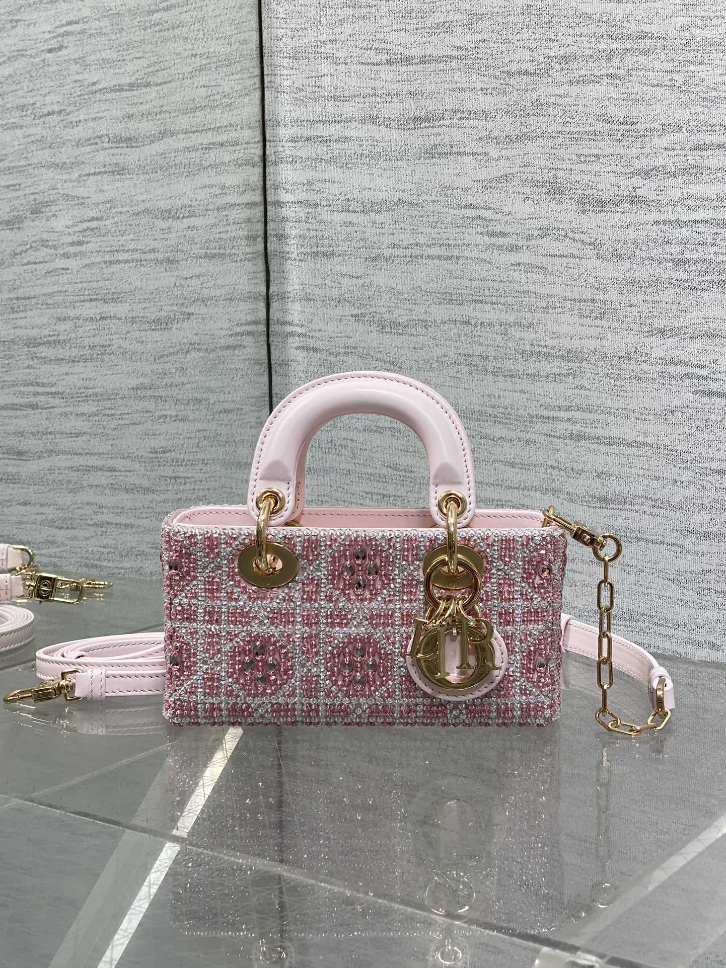 DIOR Small D-Joy Bag Latte Cannage Calfskin Embroidered With Multicolor Beads Pink DIOR Small D-Joy Bag Latte Cannage Calfskin Embroidered With Multicolor Beads Pink
