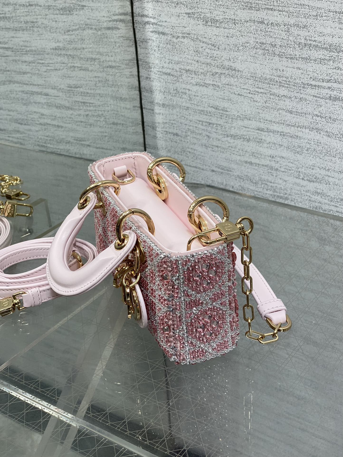 DIOR Small D-Joy Bag Latte Cannage Calfskin Embroidered With Multicolor Beads Pink DIOR Small D-Joy Bag Latte Cannage Calfskin Embroidered With Multicolor Beads Pink