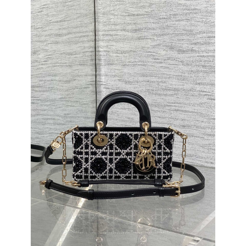 DIOR Small D-Joy Bag Latte Cannage Calfskin Embroidered With Multicolor Beads Black
