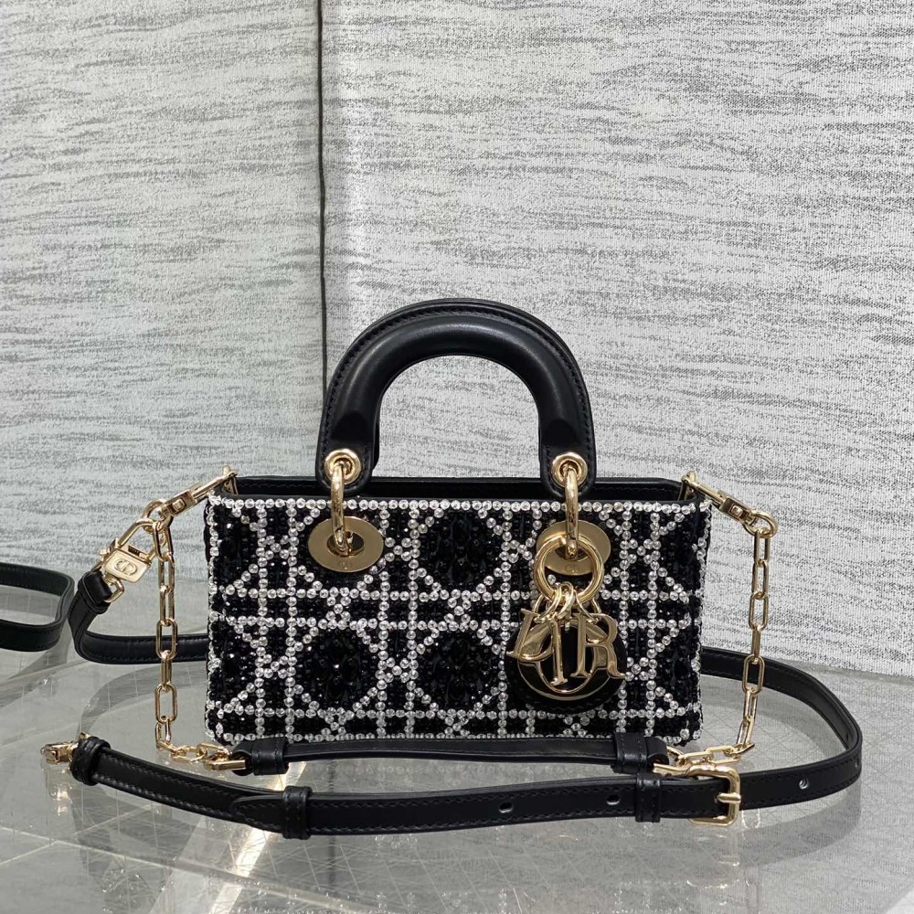 DIOR Small D-Joy Bag Latte Cannage Calfskin Embroidered With Multicolor Beads Black