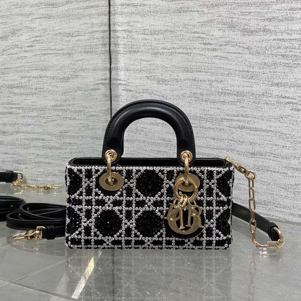 DIOR Small D-Joy Bag Latte Cannage Calfskin Embroidered With Multicolor Beads Black