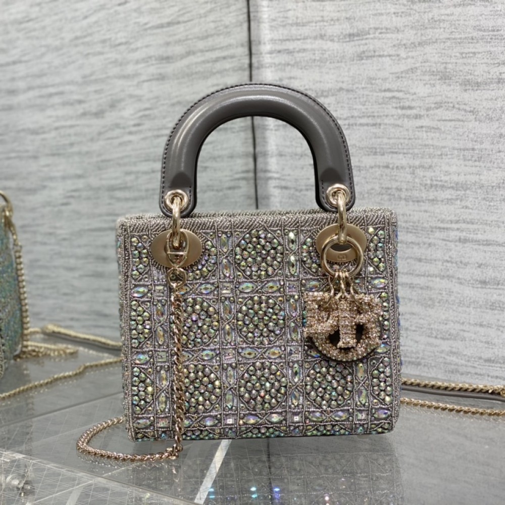 Dior Lady D Small Gray Metallic With Bead Embroidery shoulder Bag