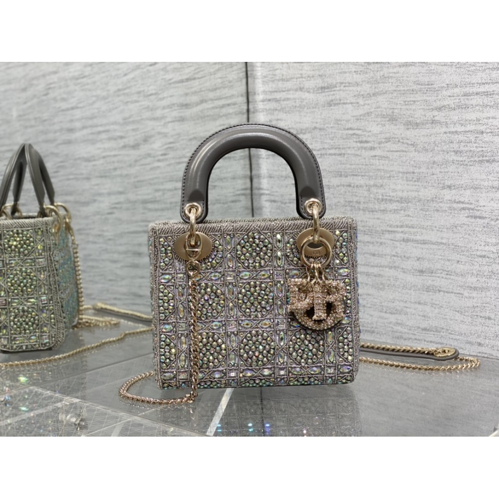 Dior Lady D Small Gray Metallic With Bead Embroidery shoulder Bag