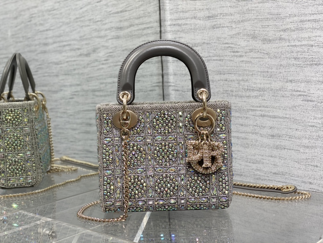 Dior Lady D Small Gray Metallic With Bead Embroidery shoulder Bag Dior Lady D Small Gray Metallic With Bead Embroidery shoulder Bag