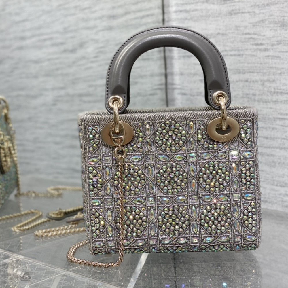 Dior Lady D Small Gray Metallic With Bead Embroidery shoulder Bag