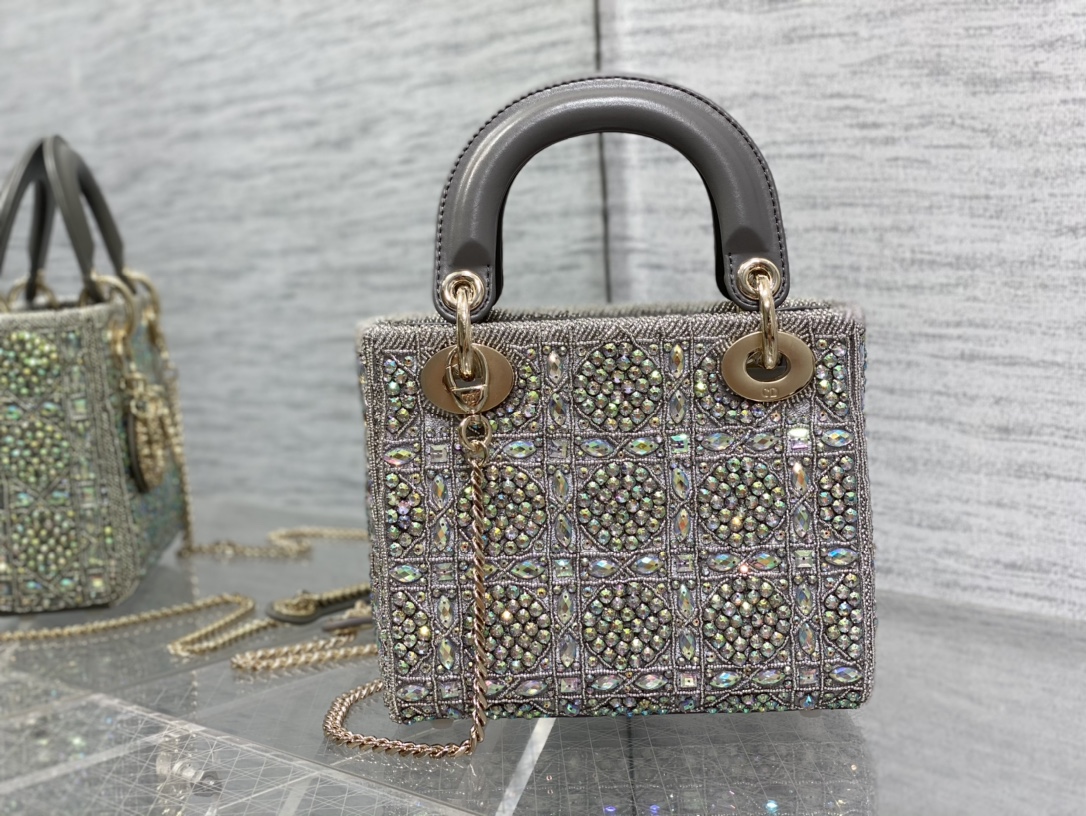 Dior Lady D Small Gray Metallic With Bead Embroidery shoulder Bag Dior Lady D Small Gray Metallic With Bead Embroidery shoulder Bag