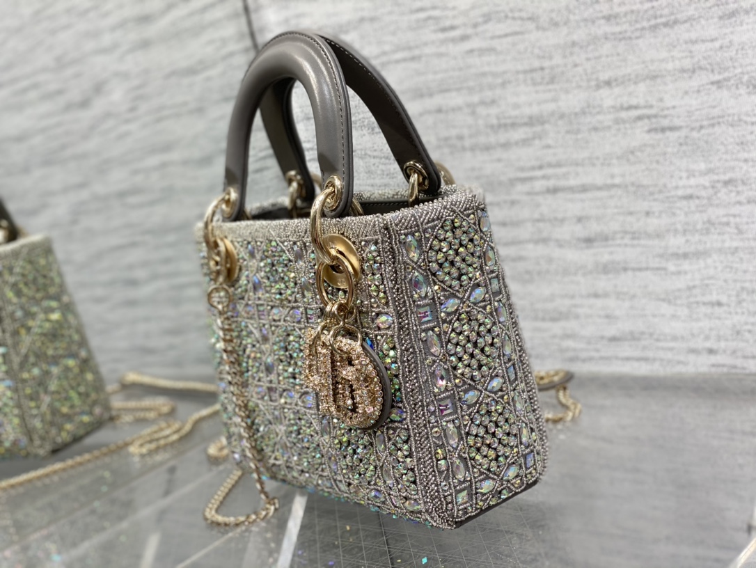 Dior Lady D Small Gray Metallic With Bead Embroidery shoulder Bag Dior Lady D Small Gray Metallic With Bead Embroidery shoulder Bag