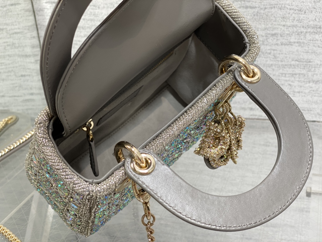 Dior Lady D Small Gray Metallic With Bead Embroidery shoulder Bag Dior Lady D Small Gray Metallic With Bead Embroidery shoulder Bag
