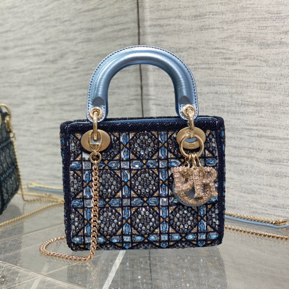 Dior Lady D Small Blue Metallic With Bead Embroidery shoulder Bag