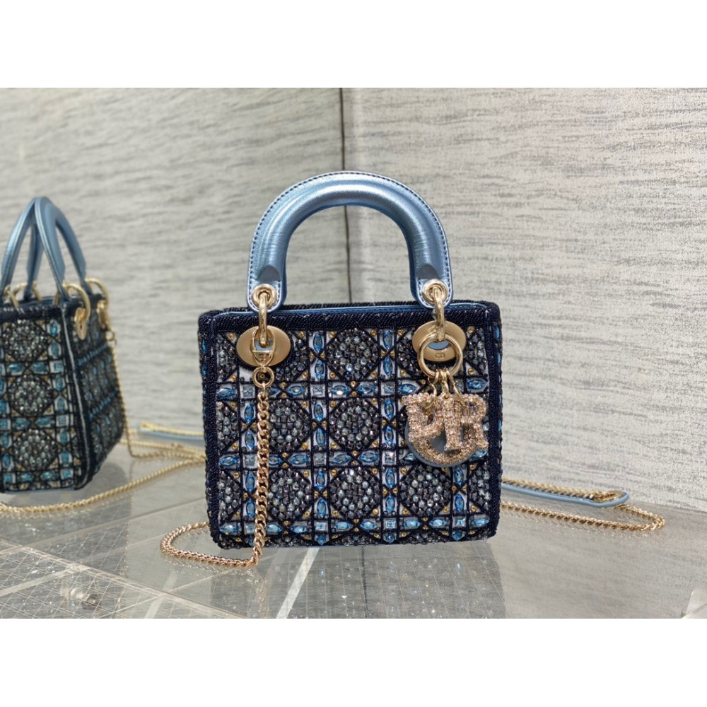 Dior Lady D Small Blue Metallic With Bead Embroidery shoulder Bag