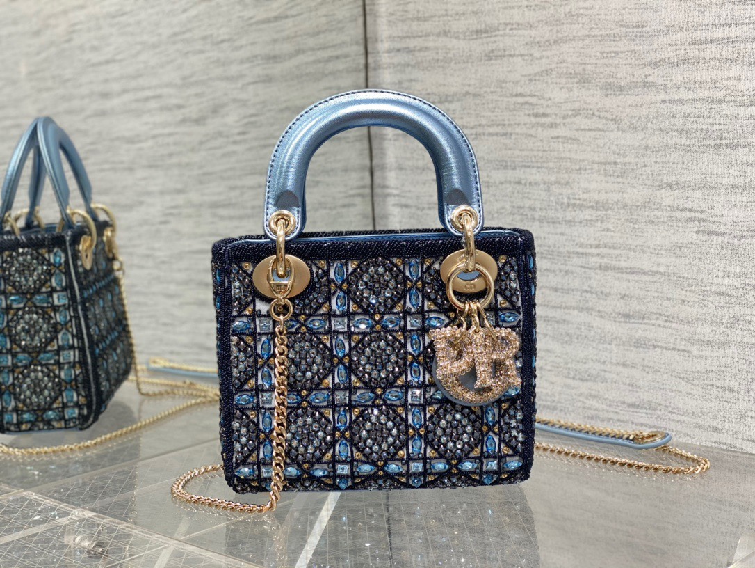 Dior Lady D Small Blue Metallic With Bead Embroidery shoulder Bag Dior Lady D Small Blue Metallic With Bead Embroidery shoulder Bag