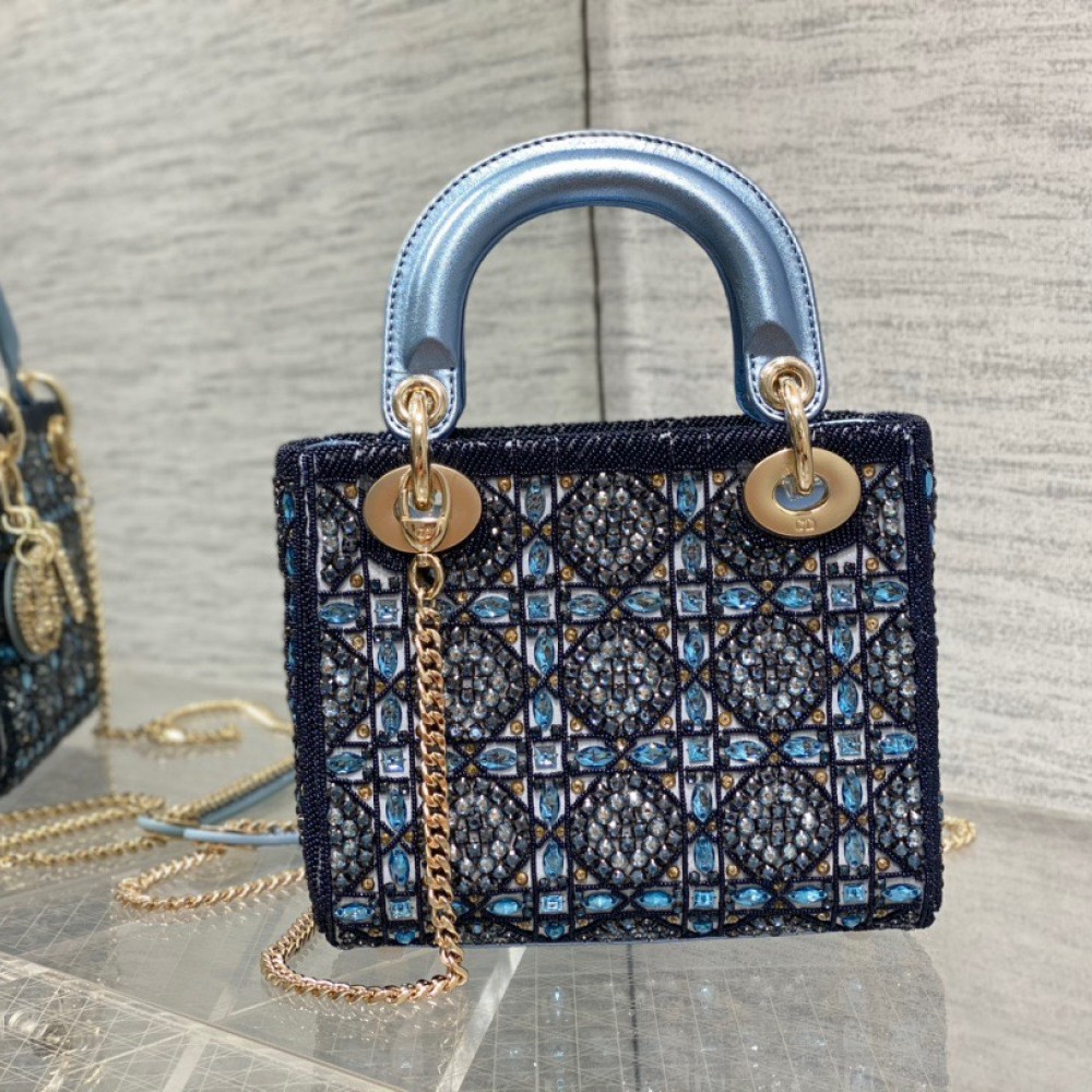Dior Lady D Small Blue Metallic With Bead Embroidery shoulder Bag