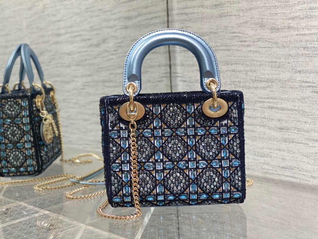 Dior Lady D Small Blue Metallic With Bead Embroidery shoulder Bag Dior Lady D Small Blue Metallic With Bead Embroidery shoulder Bag