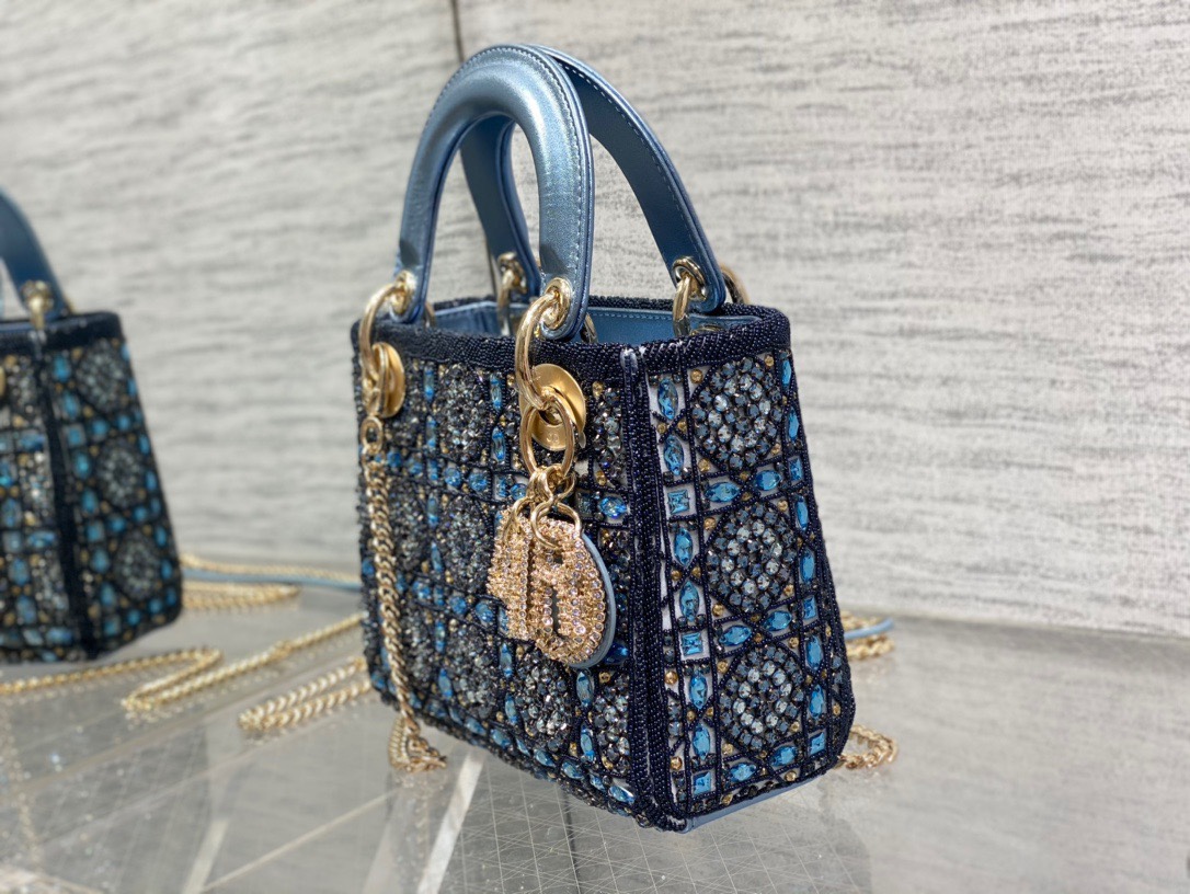Dior Lady D Small Blue Metallic With Bead Embroidery shoulder Bag Dior Lady D Small Blue Metallic With Bead Embroidery shoulder Bag