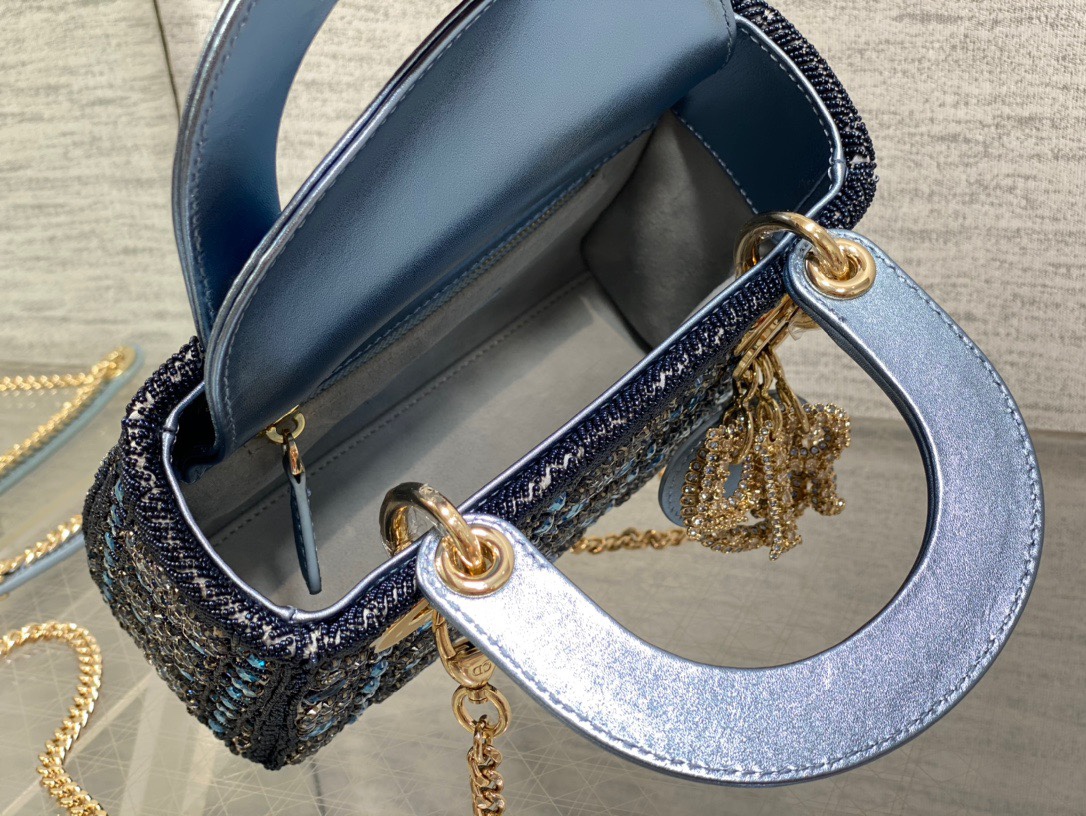Dior Lady D Small Blue Metallic With Bead Embroidery shoulder Bag Dior Lady D Small Blue Metallic With Bead Embroidery shoulder Bag