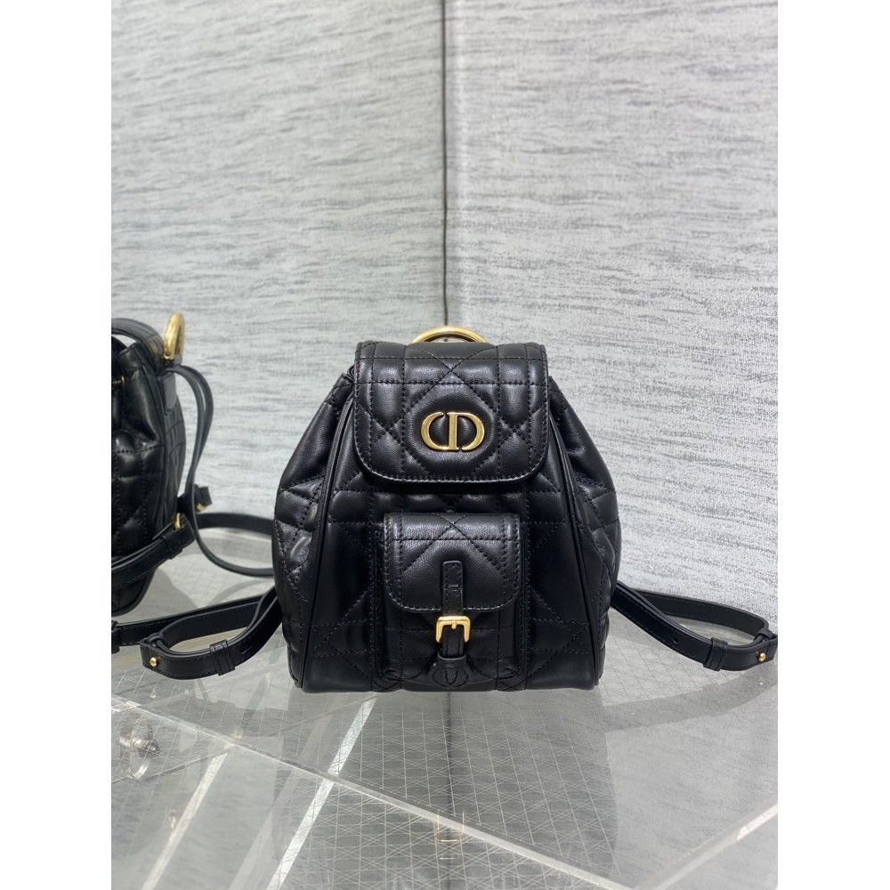 Small Dior Caro Backpack Black Macrocannage Lambskin