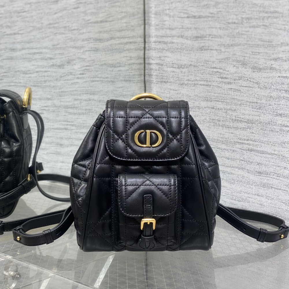 Small Dior Caro Backpack Black Macrocannage Lambskin