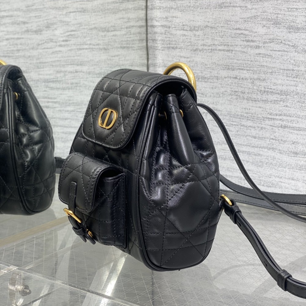 Small Dior Caro Backpack Black Macrocannage Lambskin