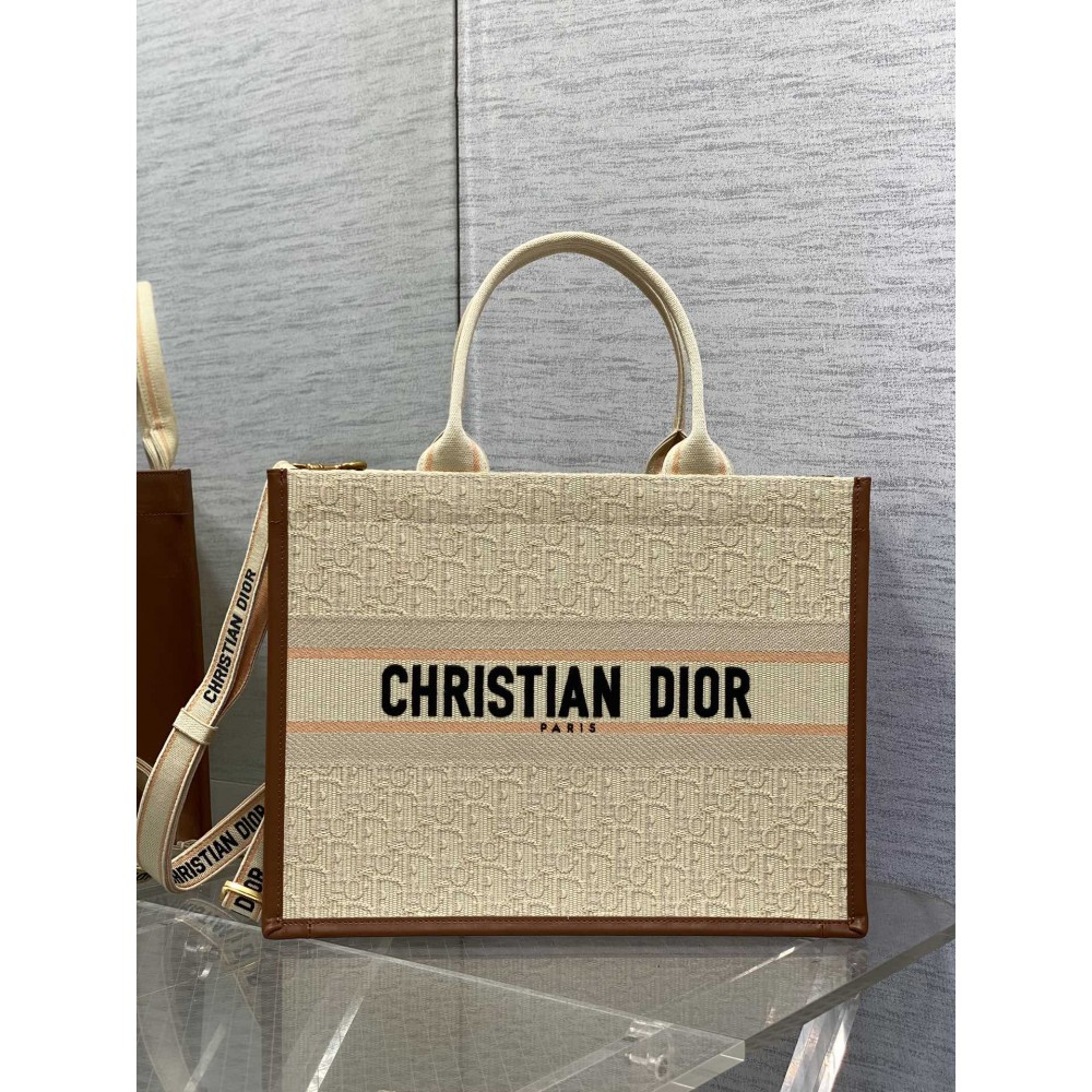 Dior Small Dior Book Tote Beige Oblique Embroidered Raffia And Camel Calfskin