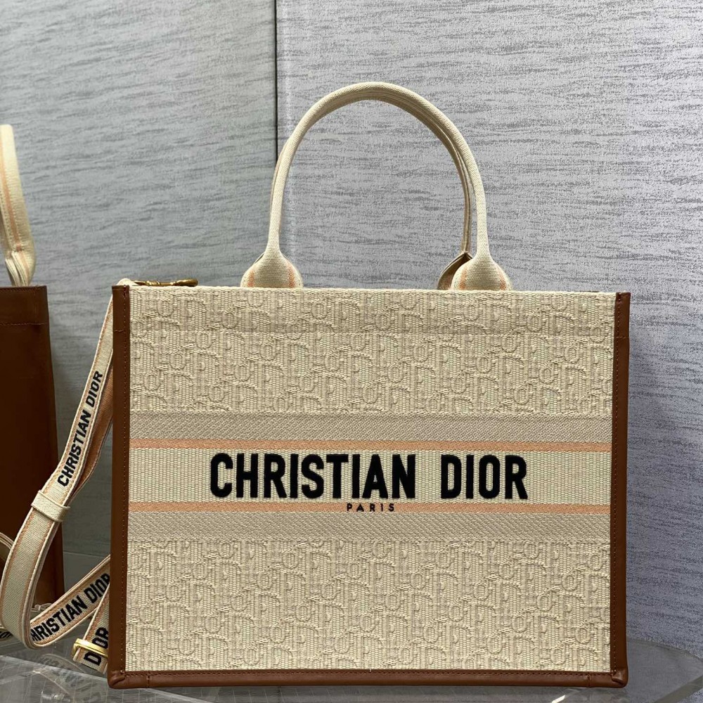 Dior Small Dior Book Tote Beige Oblique Embroidered Raffia And Camel Calfskin