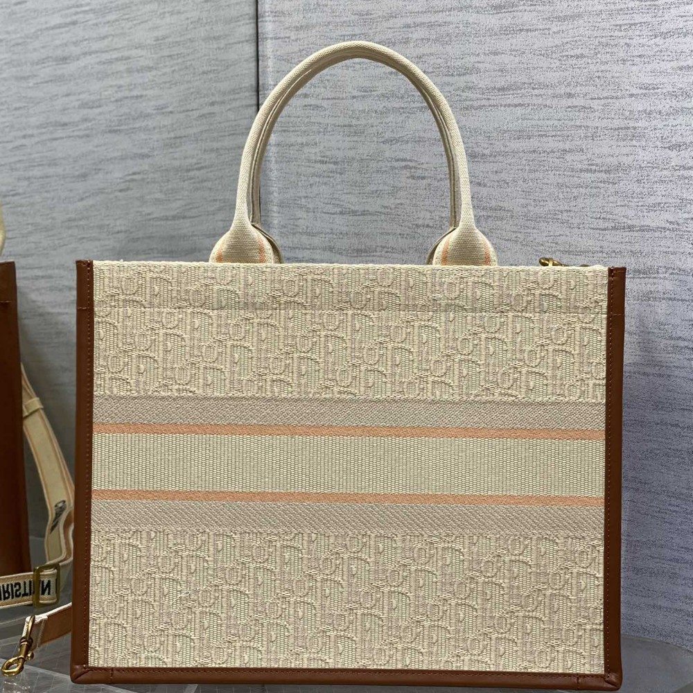 Dior Small Dior Book Tote Beige Oblique Embroidered Raffia And Camel Calfskin