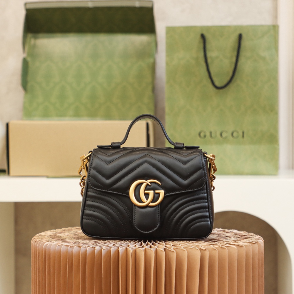 GUCCl GG Marmont Small Top Handle Bag,Black/Brown, Leather