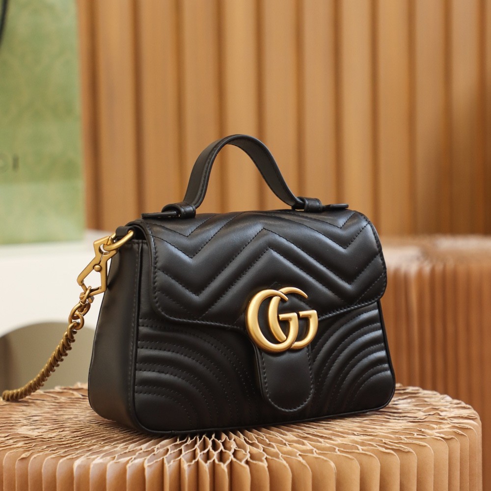 GUCCl GG Marmont Small Top Handle Bag,Black/Brown, Leather