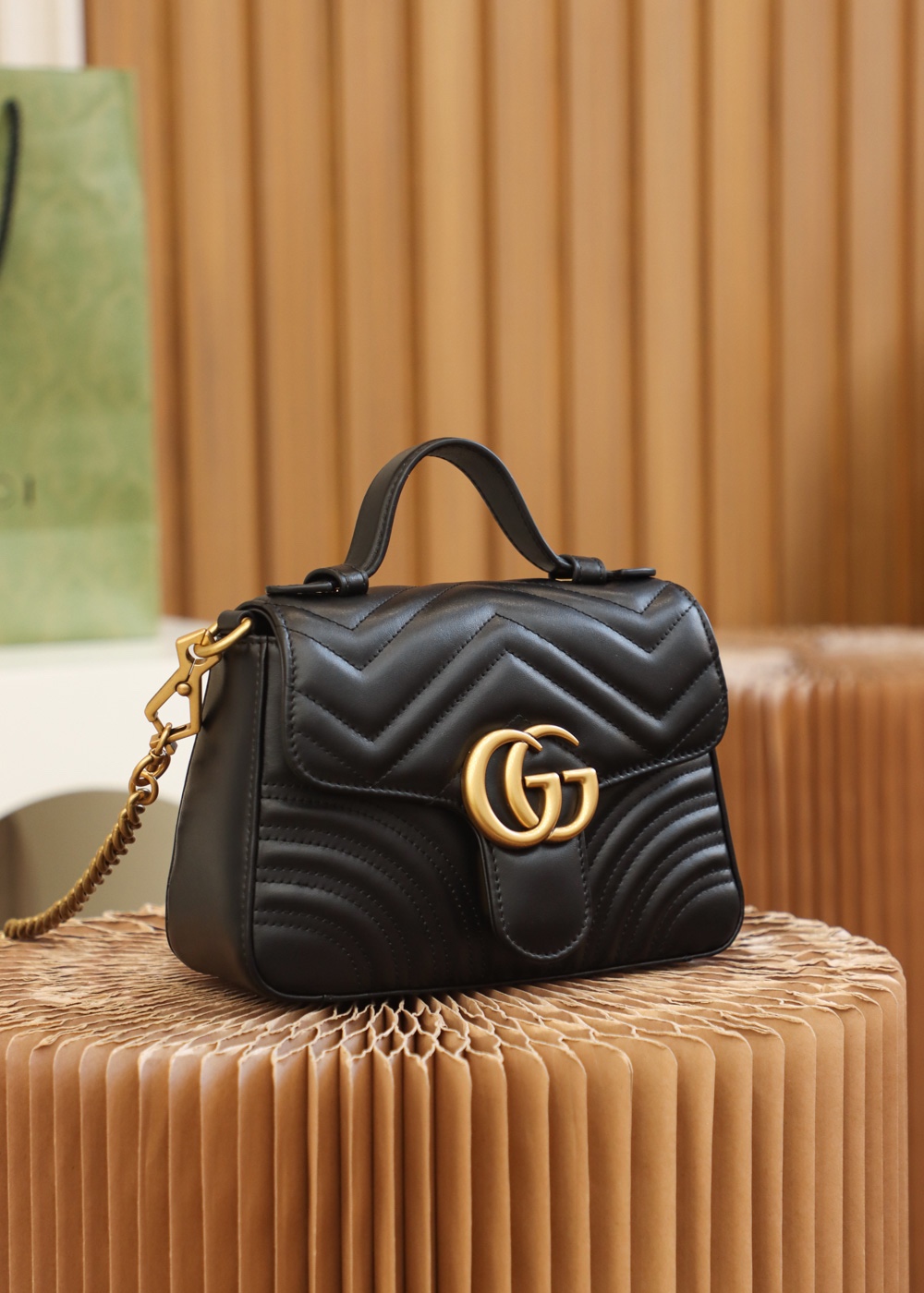 GUCCl GG Marmont Small Top Handle Bag,Black/Brown, Leather